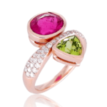 Eye catching Pink Rubellite, Green Peridot and White Diamond Pavé Cocktail