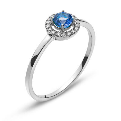 Eleganter blauer Saphir- und Diamantring im Halo-Stil aus 18 Karat Weißgold