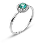 Elegant Halo Style Emerald & Diamond Ring in 18K white Gold