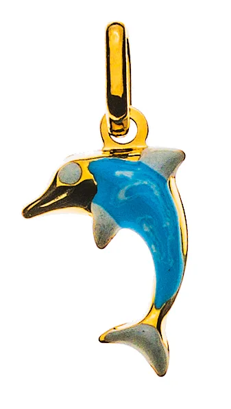 AGO1022 Pendant dolphin yellow gold 750 light blue / white enamelled - immagine 1
