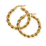 750 yellow gold hoop earrings, corded, polished, D: 28mm W: 3.5mm