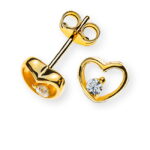 Orecchini a lobo a cuore aperto in oro giallo 375 con 2 zirconi bianchi