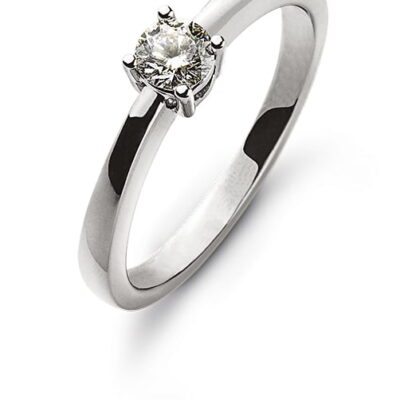 Anello solitario con montatura a 4 anse in oro bianco 750 H SI 0.15ct.