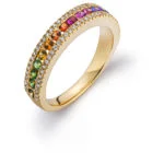 "Rainbow" Ring yellow gold 750 with 15 round sapphires 0.51ct. and 62 brilliants 0.21ct.