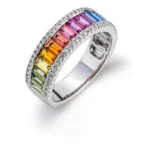 "Rainbow" ring white gold 750 with 14 baguette sapphires 1.94ct. and 54 brilliants 0.24ct