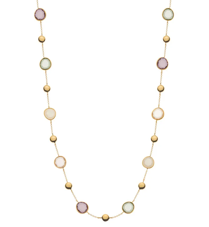 Collier Or Jaune 750 45cm avec Améthyste Verte & Violette - Quartz Rose & Aventurine Blanche