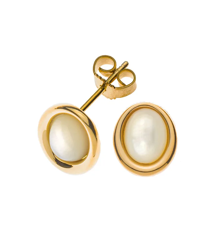OPE1042 Stud Earrings Yellow Gold 750 with Mother of Pearl Elements. Oval Shape - Image 1
