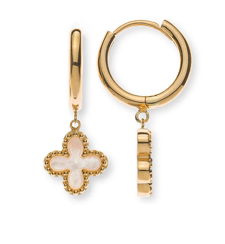 Hoop Earrings Yellow Gold 750 with Mother of Pearl Crosses 8mm