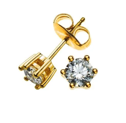 Solitaire Stud Earrings 6-Prong Setting Yellow Gold 750 0.75ct. - 2 Diamonds H SI each 0.38ct.