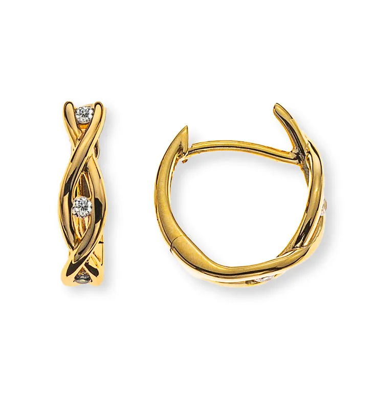 Creolen Gelbgold 375 poliert durchbrochen mit insgesamt 6 weißen Zirkonia D:12mm