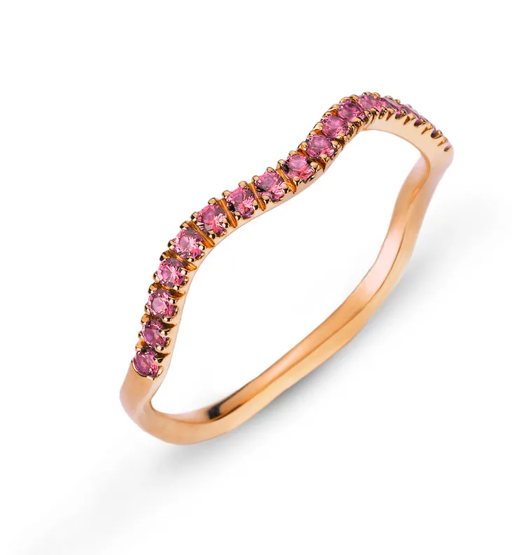 Ring Rose Gold 750 Curved Shape "Wave" - 15 Pink Tourmalines 0.19ct. – Image 1